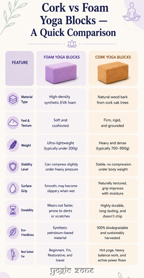Cork vs Foam Yoga Blocks.  Quick Comparison Infographic