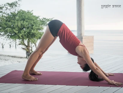 Blog feature image. A lady practicing Adho Mukha Svanasana as her Iyengar Yoga for beginners routine