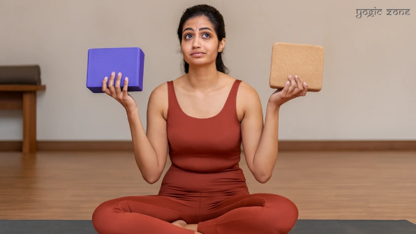 Confused lady holding yoga blocks. Blog on cork vs foam yoga blocks by yogiczone.com