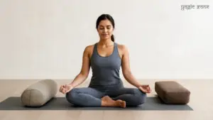 A lady sitting with round and rectangular yoga bolster. Image: yogiczone.com