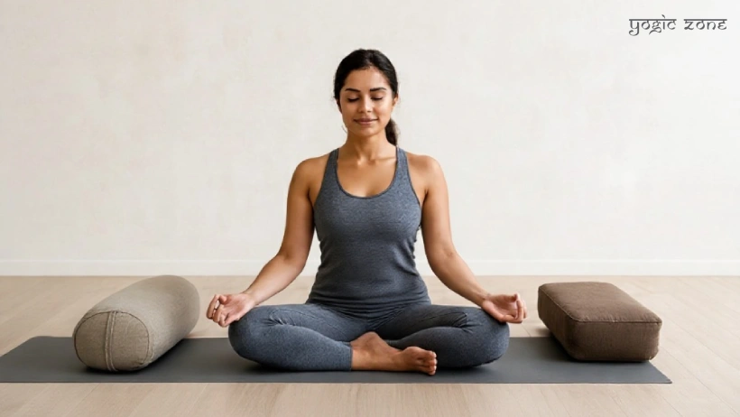 A lady sitting with round and rectangular yoga bolster. Image: yogiczone.com