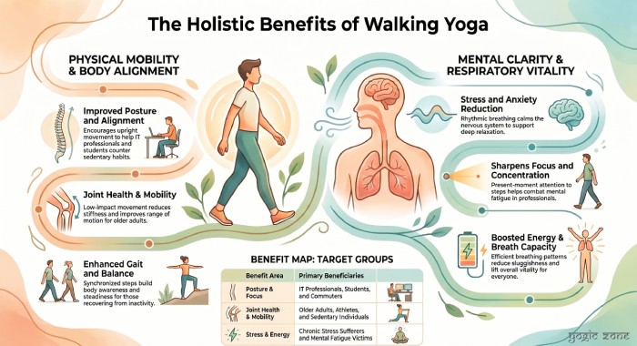 Benefits of Walking Yoga infographic showing posture, stress relief, energy, and joint health improvements