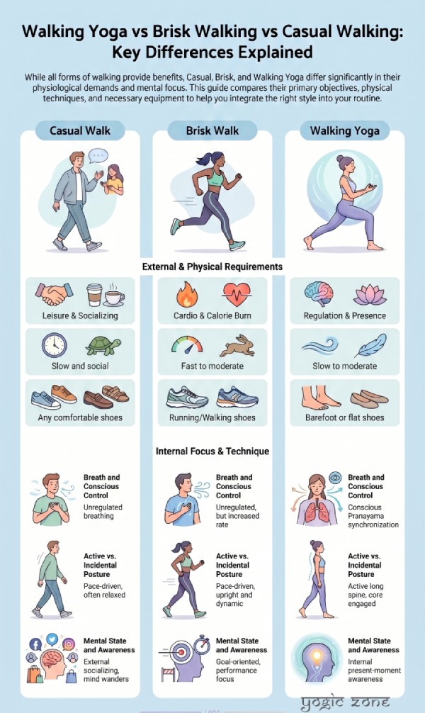 Walking Yoga vs Brisk Walking vs Casual Walking comparison infographic showing differences in breath, posture, pace, and mental focus