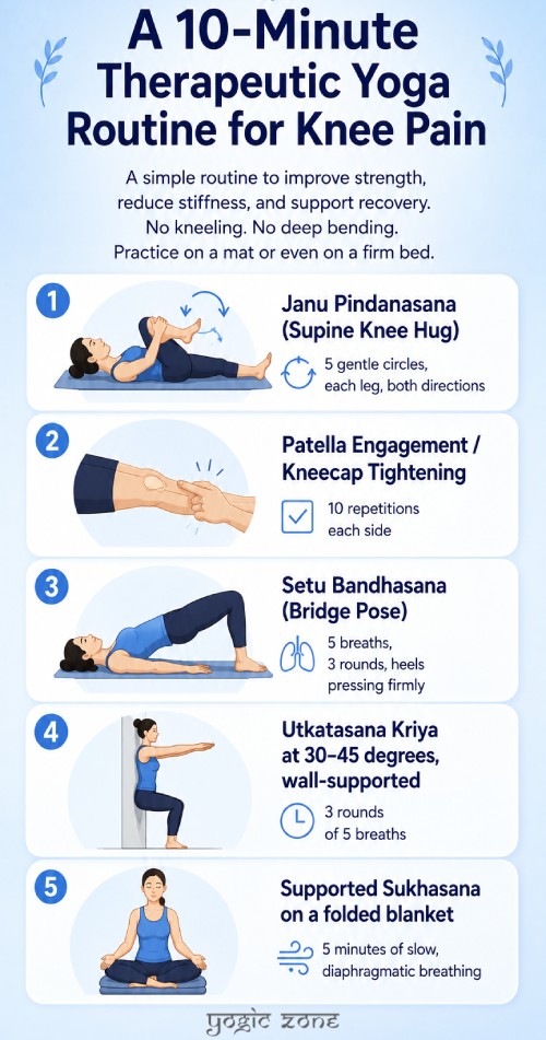Yoga with knee pain. 10-Minute Therapeutic Yoga Routine. Infographic by yogiczone.com