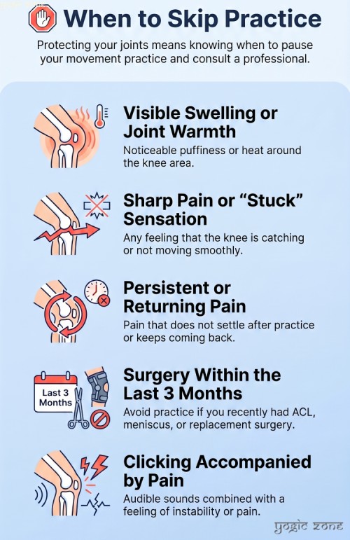 Yoga with knee pain. When to Skip Yoga Practice. Infographic by yogiczone.com