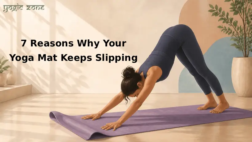 A lady practicing Adho Mukha Svanasana (Downward-Facing Dog)—feature image of blog on Reasons Why Your Yoga Mat Keeps Slipping