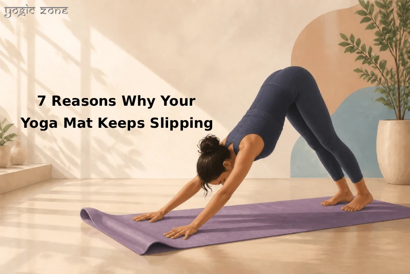 A lady practicing Adho Mukha Svanasana (Downward-Facing Dog) - Feature image of blog on Reasons Why Your Yoga Mat Keeps Slipping