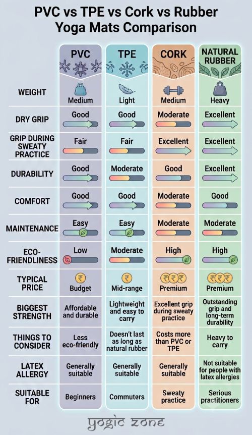 PVC vs TPE vs Cork vs Rubber Yoga Mats Comparison Infographic